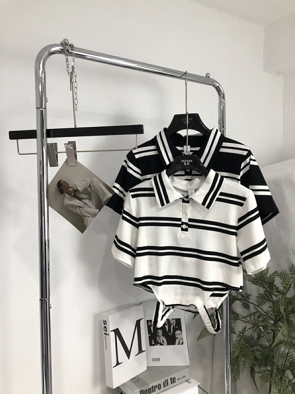 [fan fan fan] fashion casual stripe hem hollowed out polo shirt 5851# JJ