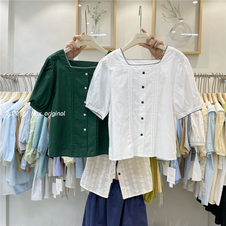New in early summer! [Max original] contrast color square neck single breasted shirt 98077# HBx