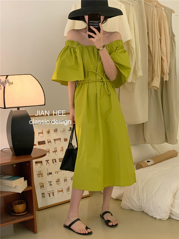 [Jian hee] square neck casual loose dress (with waist rope) 2300# ozq