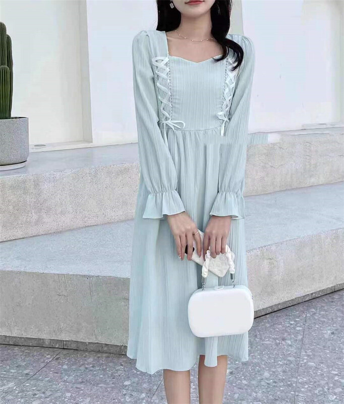 [Xiangli] Korean style square neck solid color medium length dress 8827# PCZ