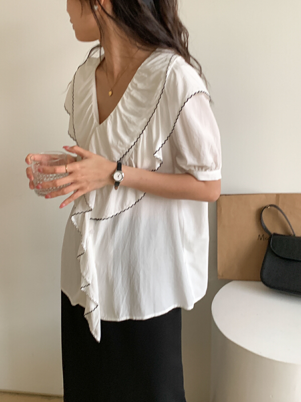[Tn] Korean lotus leaf collar versatile shirt (only shirts) c2522# cqw