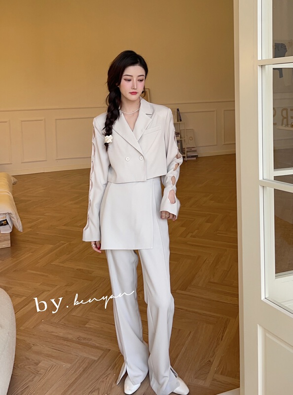 New year in early spring! [benyan] temperament breasted solid color suit + high waist slim casual pants suit 9837# zxx