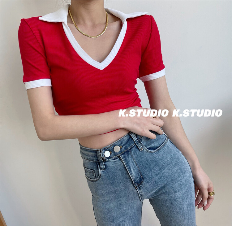 [Kim studio] contrast V-neck slim fit short sleeve T-shirt 3359# PCZ