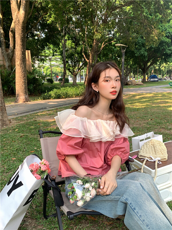 [timely rain] Hanfeng ins French sweet shoulder lotus leaf edge shirt 21759# WPL