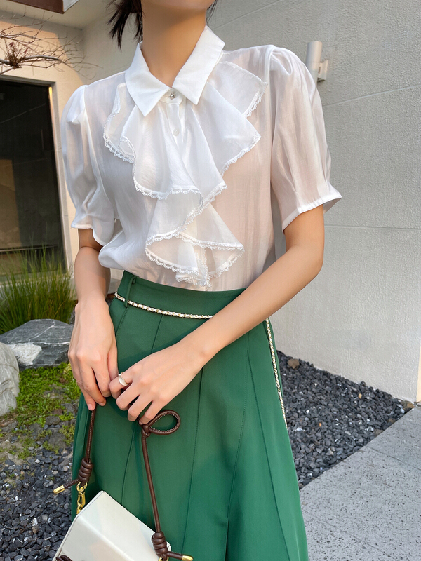 [Hanna inclusive] design sense Lapel Ruffle shirt m10005# XJ