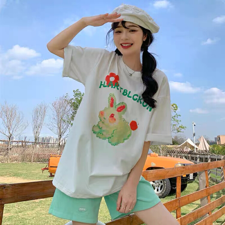 New in early summer! [miss Xi Xi] printed green rabbit cotton short sleeve T-shirt 1371# Cl