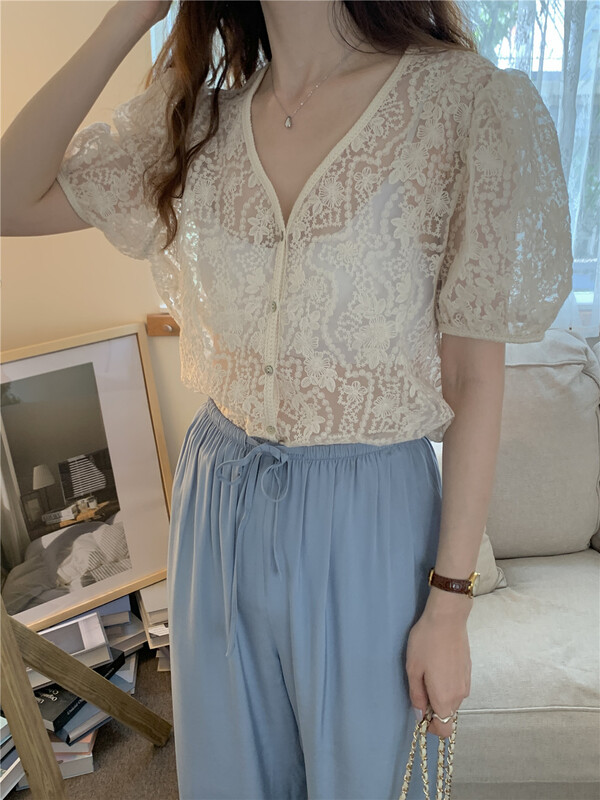 [new post] Korean crocheted and breasted short shirt np7825-b1# cqw