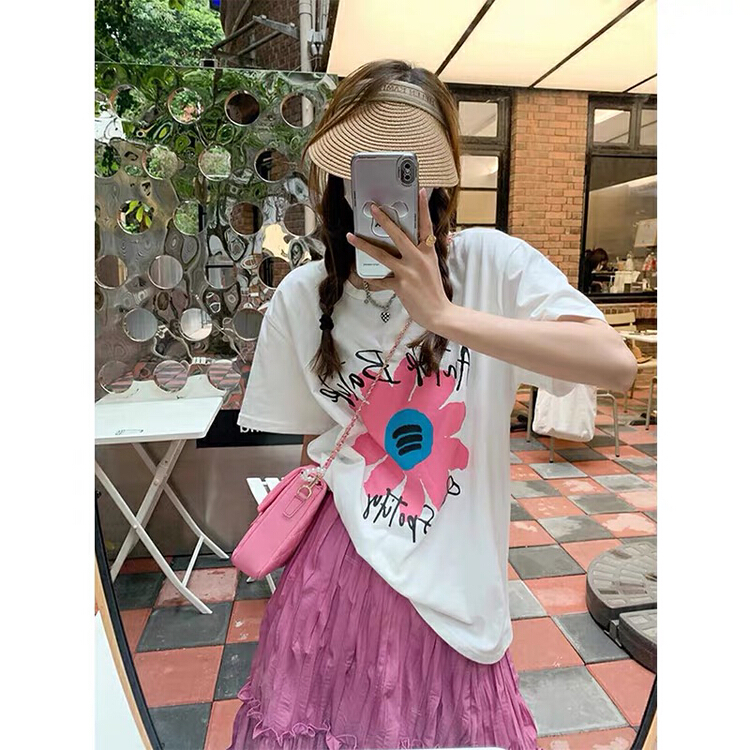 New in early summer! [Huaxi] Korean T-shirt with round neck pattern + high waist loose pleated skirt suit 8801# PCZ