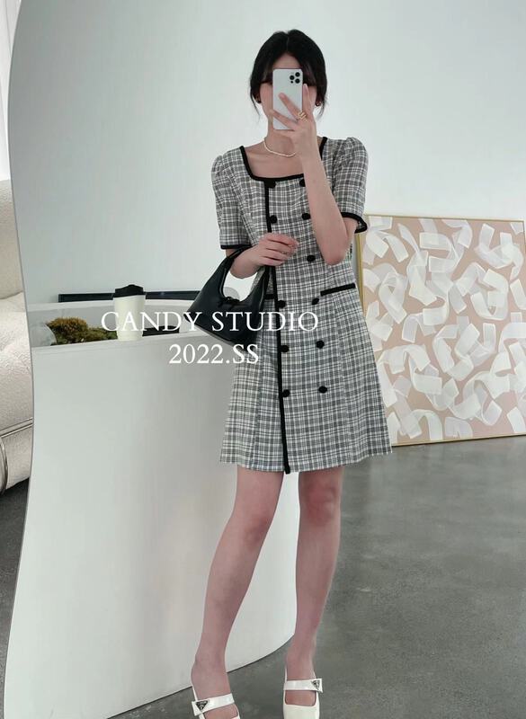 [candy] square neck double row button checked small fragrance dress 7371# zjy
