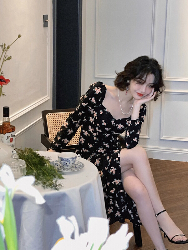 New year in early spring! [savage] square neck slim waist long sexy split floral dress e6802# WPL