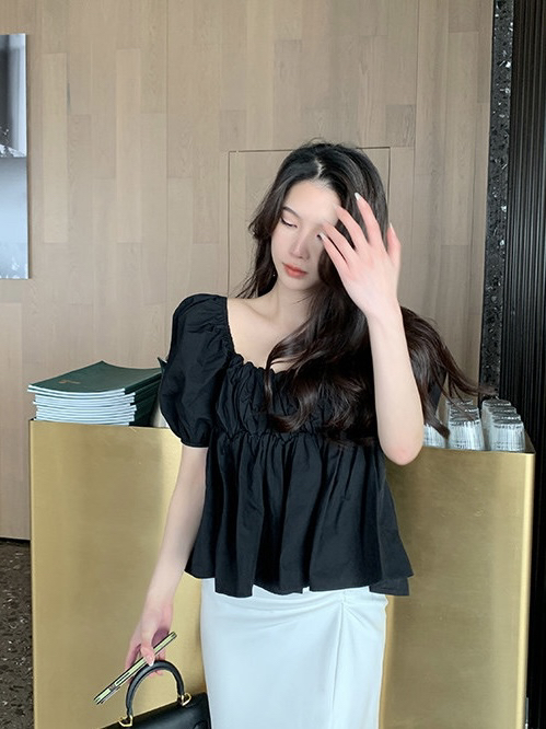 [Zoe Zoe] ins square neck pleated design blouse c562# L