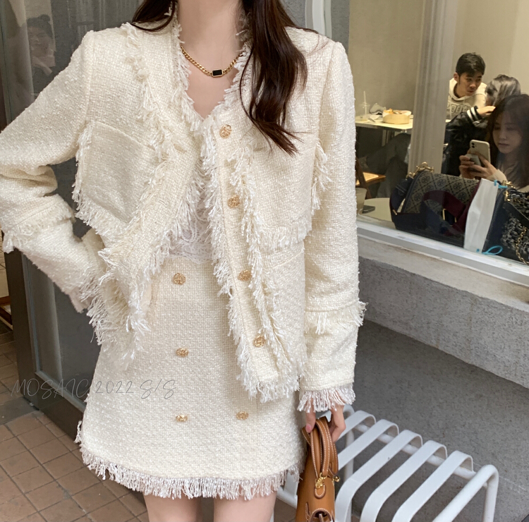 [retain] small fragrance temperament short coat with rough edges + Hip Wrap Skirt Suit 217486# jhy