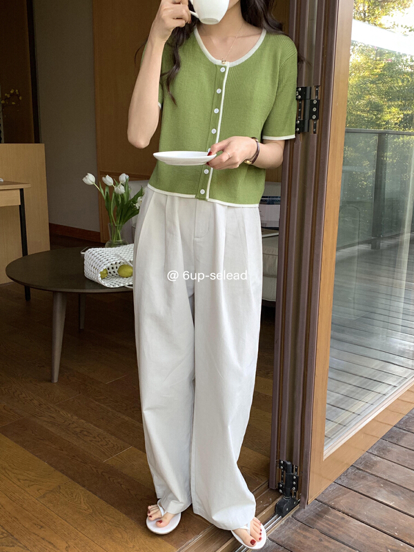 [6-up] Korean color contrast short sleeve sweater 68118# XJ