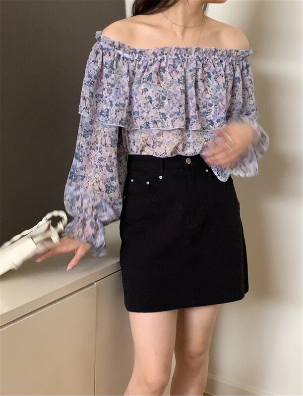 goods in stock! [bluepops] Korean broken flower one Neck Chiffon shirt a2345# zxl