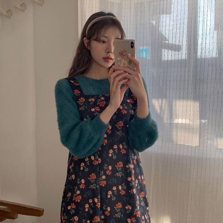 New year in early spring! [timely rain] Han Feng ins Vintage corduroy printed loose thin dress af2052# YYW