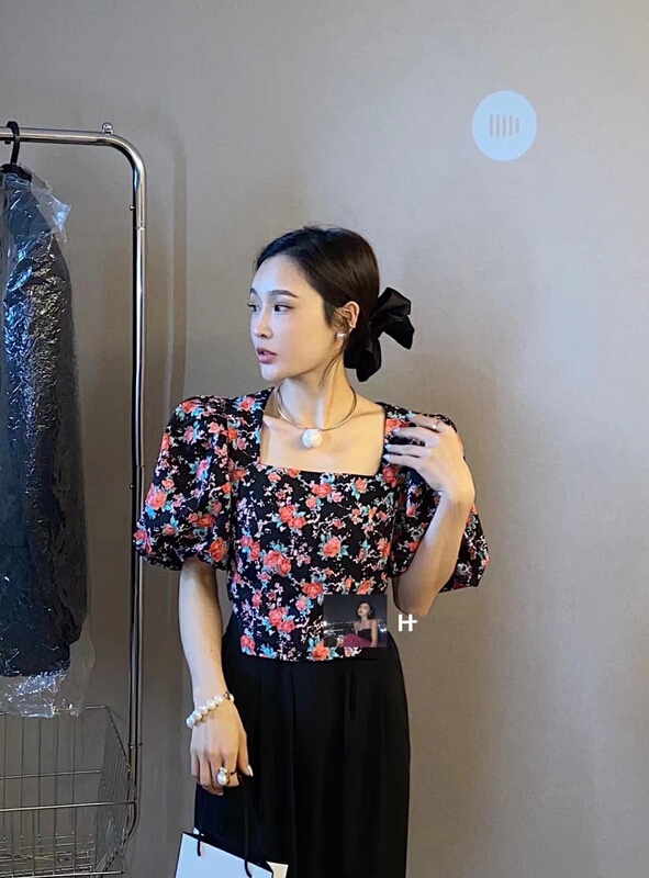[MI] Vintage square collar floral bubble sleeve blouse 9087# PCZ