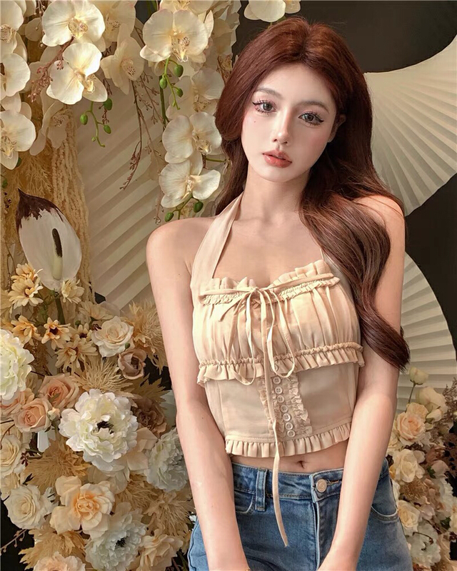 [Doudou family] button wood ear Lace Chiffon neck Halter vest / sling 88291# CLS