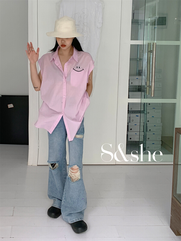 [S & she] loose smiling face sleeveless shirt 1204a# XJ