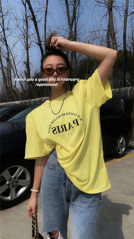 New in early summer! [open] letter loose and versatile short sleeve T-shirt 3503# ozq