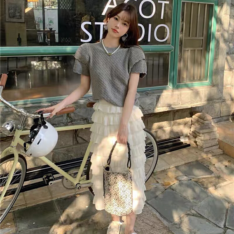初夏上新!【HELLO CHERRY車厘子】百搭小眾設計感雙層袖圓領套頭針織衫  5659#  WTT
