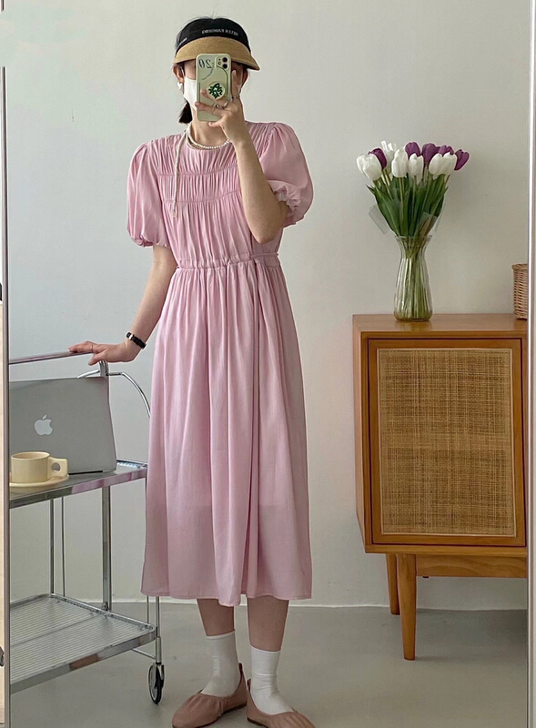 New in early summer! [going] bubble sleeve solid color Stretch Dress 9368# lwy