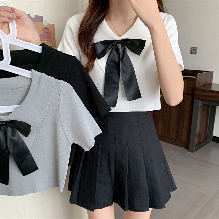 [fat woman's home (F.P)] college style high waist short sleeve sweater (with bow) 58048# HBX