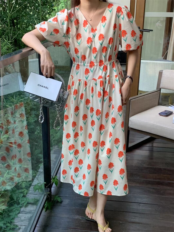 [Sicily] bubble sleeve printed drawstring waist dress 21270# XJ
