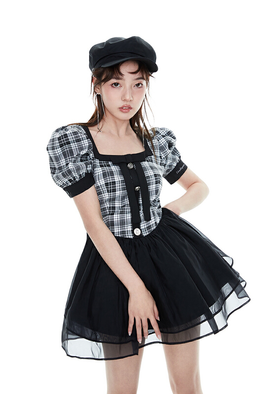 [Huaxi] Plaid square neck contrast bubble sleeve dress 9063# PCZ