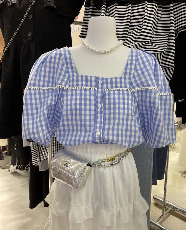 New in early summer! [dream fly] Plaid square neck bubble sleeve shirt 61195# XJ