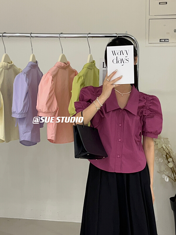 [Sue studio] bandage bubble sleeve versatile blouse 22260# ZSY