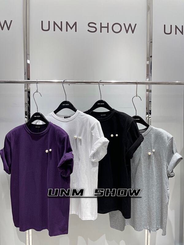 [unm-show] pearl shoulder pad Korean solid color versatile short sleeve T-shirt (with pearl) 6246# WTT