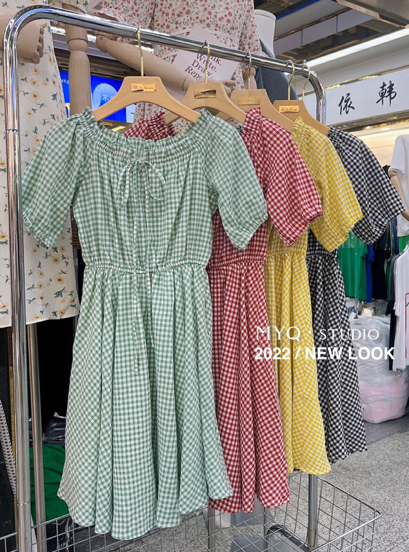 New in early summer! [m.yqueen] crew neck Plaid medium length dress 8837# Cl