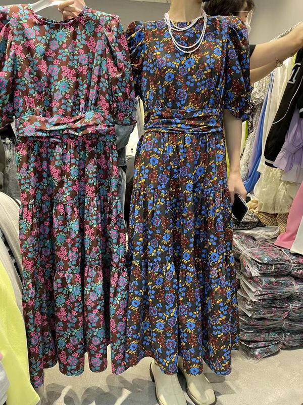 [D +] Vintage bubble sleeve floral dress 5077-1# lwy