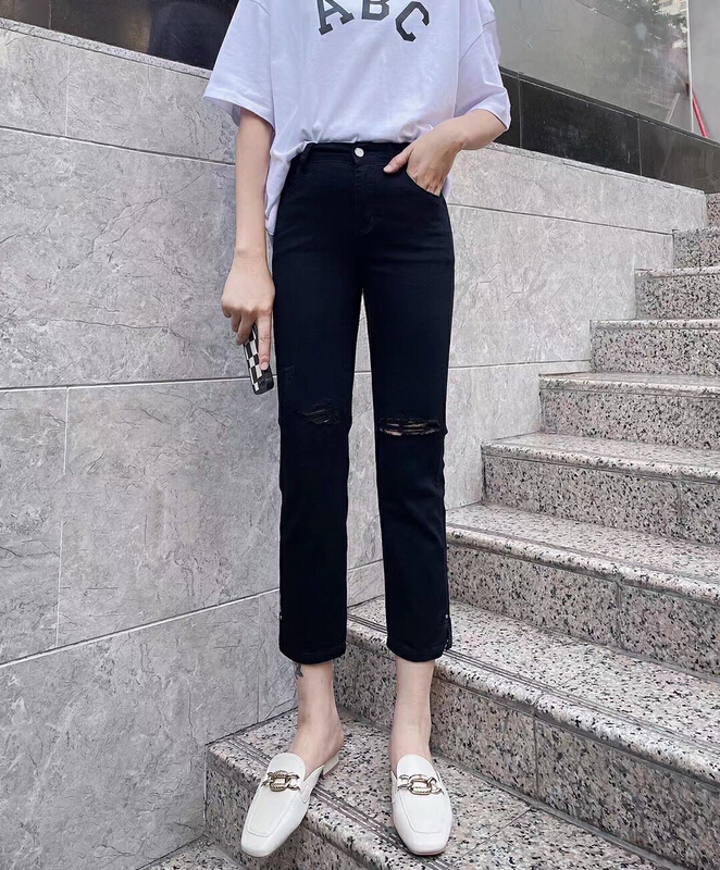[lsjd] thin cut hole denim small straight jeans 6725-5# WTT