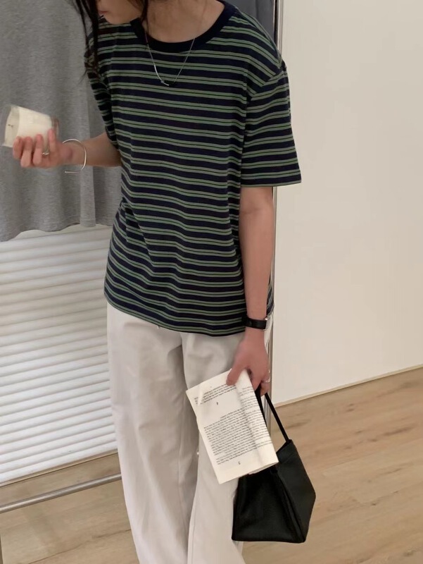 [Tn] stripe loose and versatile short sleeve T-shirt t3283# cqw