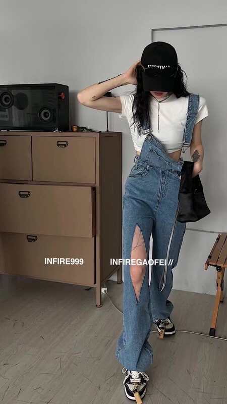 New in early summer! [c.h.z] loose and slim design sense of minority hole strap pants 20326# WTT