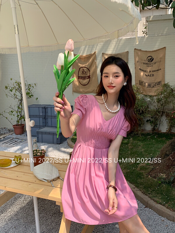 [U + Mini] French temperament, slim waist, V-neck short sleeve dress d0607# WPL