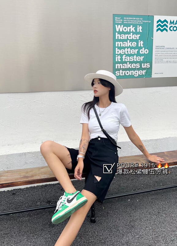 [pour one] Korean version versatile Capris high waist denim shorts po1915# L