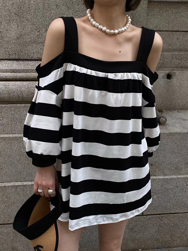 [Xiaofan family] off shoulder design, loose and medium length striped vest / suspender 8239# LSW