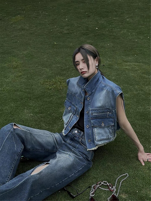 [Tan] fashionable and handsome short denim vest c3085# zxx