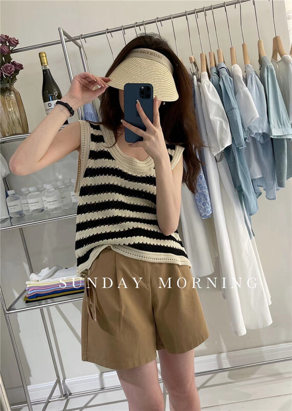 [Sunday morning] Korean casual stripe hollowed out vest / sling 6991# zjy