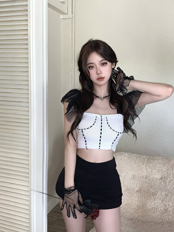 [Doudou family] short sexy mesh stitched Knitted Blouse 88282# CLS