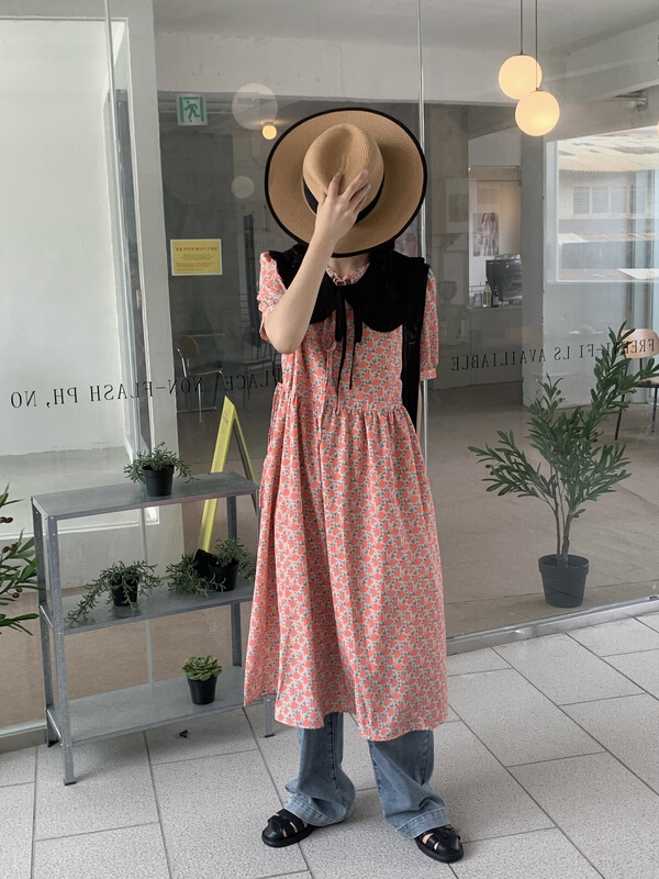 [meet + studio] floral loose and slim short sleeved dress (with detachable doll collar) 9008# LSL