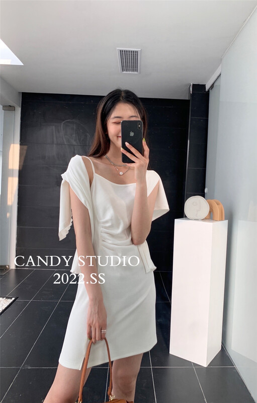 [candy] solid color short cardigan + slim sling skirt two piece suit a8115# ZSY