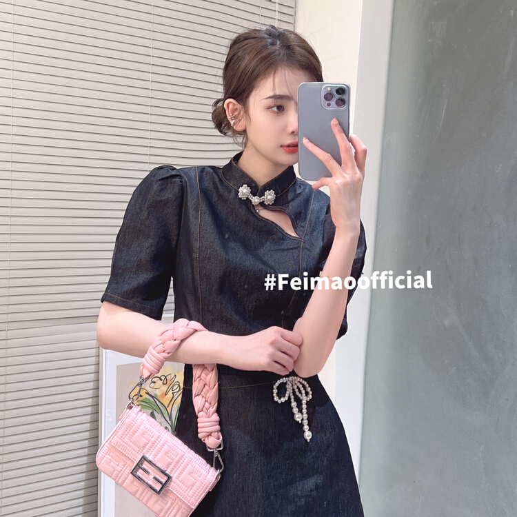 New in early summer! [Feimao Philippine cat] Vintage Chinese style wind coil button denim shirt + Half skirt suit in the same color ys1-ym-7190# LSL