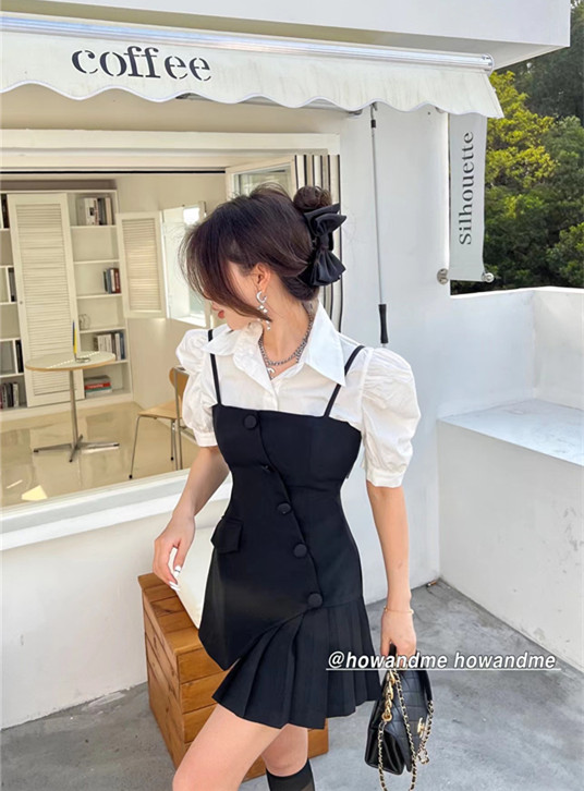 New in early summer! [how and me Cheng Xi] simple bubble sleeve shirt + irregular suspender dress suit 7020# LSL