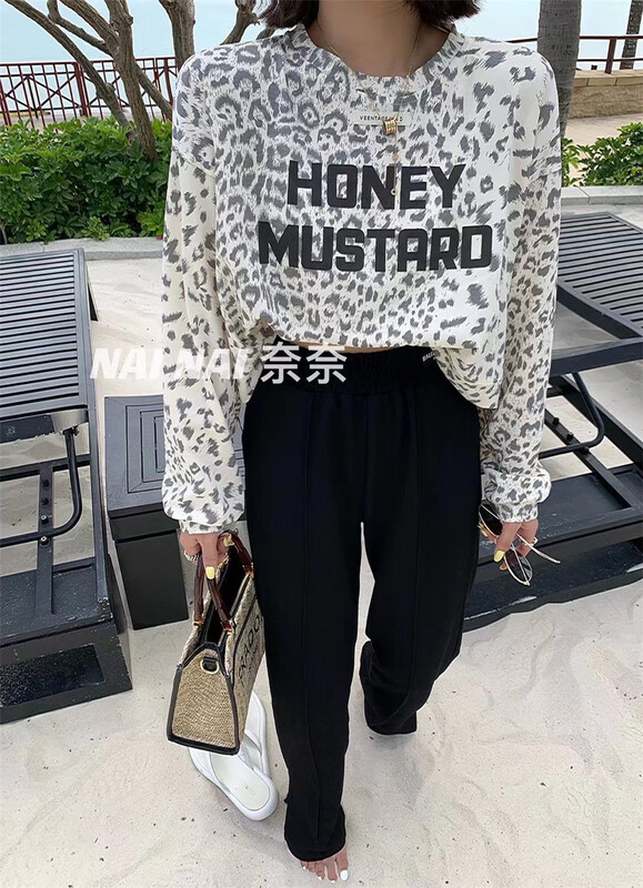 [N.N] Korean leopard print lettered short Pullover long sleeve T-shirt 1513# lwy