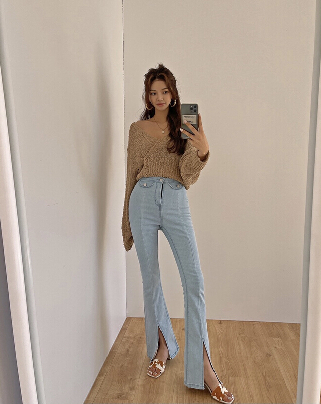 [savage] Korean version hot girl style high waist fake pocket front slit slim jeans e8221# WPL
