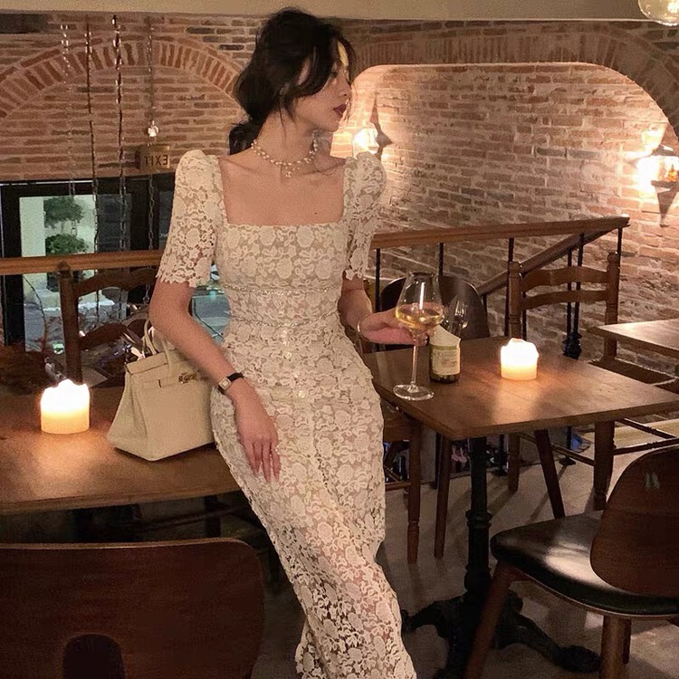 [Yandian] temperament Square Neck Lace Dress 3162# JJ