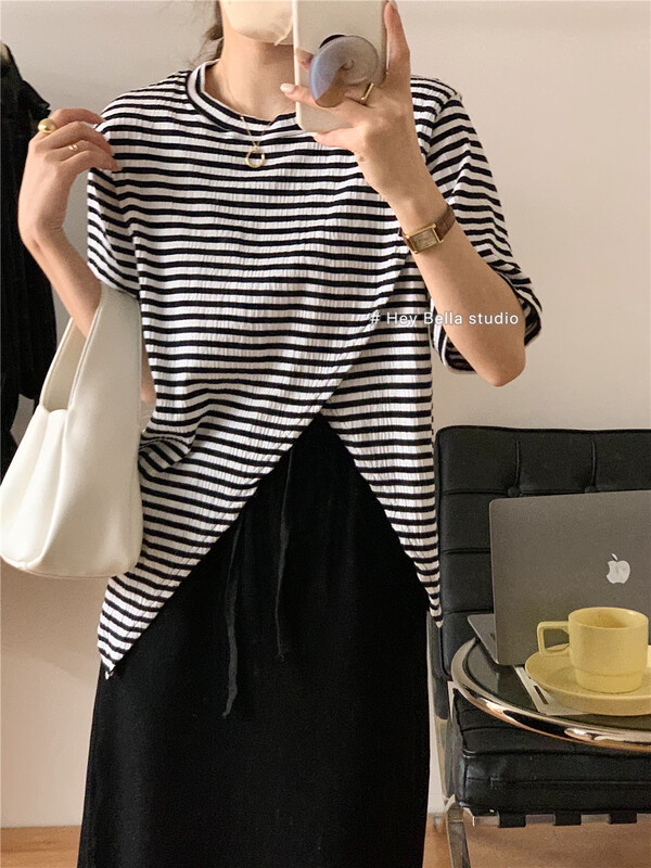 [hey Bella] crew neck stripe Pullover short sleeve T-shirt ys1-1276# ll
